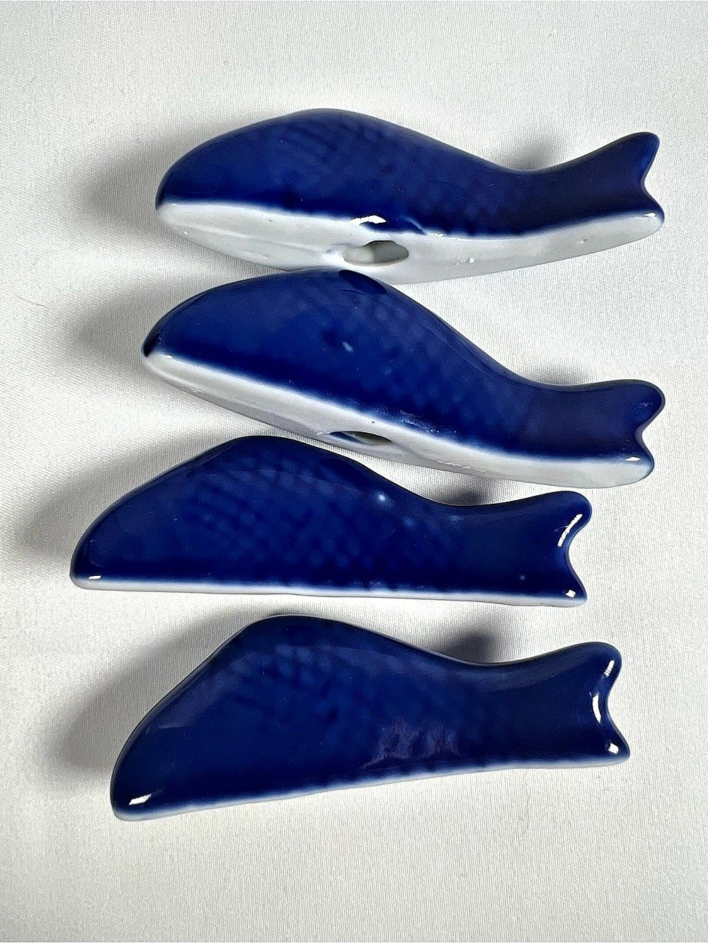 Vintage Porcelain Blue Whale Chopstick Rests / Knife Holders - Set of 4